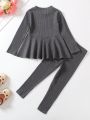 SHEIN Kids EVRYDAY Young Girl Ribbed Knit Peplum Top & Leggings