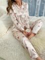 Floral Print Contrast Piping Satin PJ Set