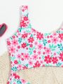 Teen Girls Floral Pattern Cutout Waist One-Piece Swimsuit