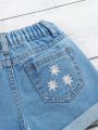 Young Girl Elastic Waist Denim Shorts With Floral Embroidery