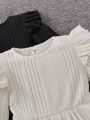 SHEIN Girls' Leisure Solid Color Flying Sleeves Ribbed Long Sleeve T-Shirt For Sporty Street Style