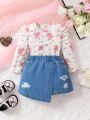 2-Piece Baby Girl Round Neck Floral All-Over Printed Puff Sleeve T-Shirt And Irregular Denim Skirt Set