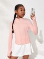 SHEIN Girls' Knitted Solid Color Stand Collar Zip Up Casual Sports Sweater