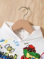 SHEIN Infant Boys' Street Style Cartoon Dinosaur & Car Pattern Hooded Sweatshirt And Long Pants Set