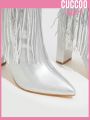 Cuccoo Party Collection Ladies' Pointed Toe Chunky Heel Fashion Boots With Silver Fringe Decoration, Suitable For Evening Parties