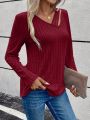 Solid Color Ribbed Knit Hollow Out T-Shirt With Asymmetrical Neckline