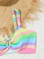 Teen Girls' Stylish Rainbow Striped Front Tie Bikini With Split Design