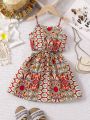 SHEIN Kids EVRYDAY Young Girl'S Full Pattern Print Hollow Out Waist Cami Dress