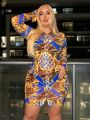 SHEIN SXY Plus Size Women's Baroque Printed Single Breasted Dress