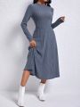 Solid Color Long Sleeve Ribbed Knit Dress