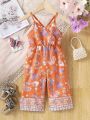 Baby Girl's Casual, Elegant, And Vintage-Inspired Sleeveless -Style Printed Beach Jumpsuit. Loose-Fitting And Comfortable With Elastic Waistband