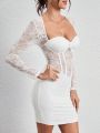 SHEIN Tall Lace Spliced Long Sleeve Sweetheart Neck Bodycon Dress With Package Hip Design