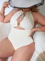 SHEIN Swim Chicsea Women's Plus Size Pure Color Pleated Texture Cutout One-Piece Swimsuit