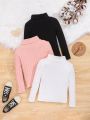 SHEIN Kids EVRYDAY Young Girl 3pcs Turtleneck Ribbed Knit Tee