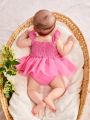 SHEIN Newborn Baby Girl Mesh & Lace Ruffle Square Collar Romper