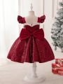 Toddler Girls' Colorblocked Ruffled Dress With Decorative Bow At Back, Suitable For Formal Occasions