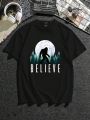 Men's Plus Size Pure Color Round Neck Short Sleeve T-shirt With Gorilla And Moon Print