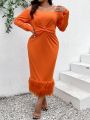 Plus Size Solid Color Off Shoulder Twist Knitted Hem Furry Dress