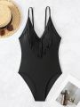 SHEIN Swim Chicsea Women's One-piece Fringe Trimmed Swimsuit With Spaghetti Straps