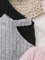 SHEIN Baby Girls' Casual Solid Color Knitted One Shoulder Dress Three-piece Set