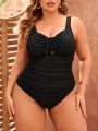 SHEIN Swim Basics Plus Size Women's Ruched One-Piece Cami Swimsuit With Adjustable Straps