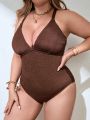 SHEIN Swim Basics Plus Size Deep V-Neck Crisscross Back One-Piece Swimsuit