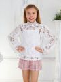 SHEIN Kids FANZEY Tween Girls' Stand Collar Lace Long Sleeve Shirt With Spaghetti Strap Inner Top, 2pcs/Set