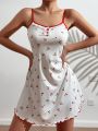 Women's Cherry Printed Contrast Trimmed Cami Nightgown