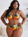 SHEIN Swim Vcay Plus Size Tropical Print Ombre Swimsuit 4pcs Set