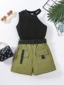 SHEIN Kids Cooltwn Toddler Girls' New Arrivals Sleeveless Cold-Shoulder Top And Olive Green Cargo Shorts With Belt Set