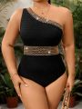 SHEIN Swim Vcay Plus Size Women's One Shoulder Spliced Woven Tape One-Piece Swimsuit