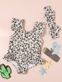 Baby Girls Cute Leopard Dot Printed Swimwear With Ruffle Trim And Hairband For Summer Vacation Swimming