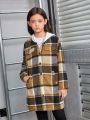 SHEIN Tween Girl Plaid Print Hooded Neck Dual Pocket Coat