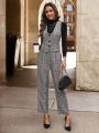 SHEIN Clasi 1pc Plaid Buttoned Vest Jacket And 1pc Suit Pants Set