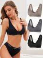 3pcs Letter Graphic Wireless Bra