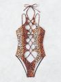 SHEIN Swim SXY Women'S Leopard Print Tie Strap One-Piece Swimsuit