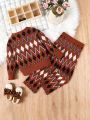 SHEIN Kids EVRYDAY Girls' Geometric Pattern Button-up Sweater And Long Pants Set