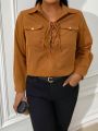 SHEIN Essnce Plus Flap Pocket Lace Up Front Shirt