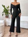 SHEIN Privé Off Shoulder Ruched Side Wide Leg Jumpsuit