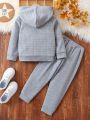 SHEIN Kids EVRYDAY 2pcs/set Toddler Boys' Long Sleeve Fleece Lined Gray Checkered Jacket And Pants Set For Fall
