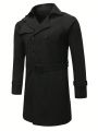 Men's Notched Collar Double Breasted Belted Trench Coat Jacket