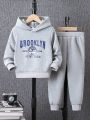 SHEIN Boys' (Little) Hooded Sweatshirt And Pant Set With Letter Print, Fall/Winter