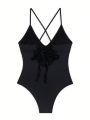 SHEIN Swim Basics Solid Color Criss-cross Open Back One-piece Swimsuit