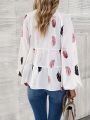 SHEIN Essnce Feather Print Notched Neckline Lantern Sleeve Peplum Blouse