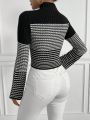 SHEIN Privé Flare Sleeve Sweater With Patchwork Design