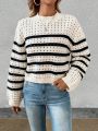 Women's Round Neckline Hollow Out Knitted Striped Sweater