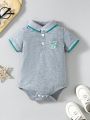 Baby Boy Cartoon Patched Polo Neck Contrast Binding Bodysuit