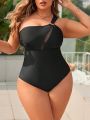 SHEIN Swim Chicsea Plus Size One Shoulder Swimsuit With Circular Decor And Mesh Insert