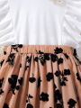 SHEIN Kids CHARMNG Girls Floral Print Ruffle Trim Tee & Floral Print Mesh Overlay Skirt