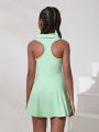 SHEIN Tween Girls' Sleeveless Knitted Dress With Shirt Collar, Casual And Sporty Style